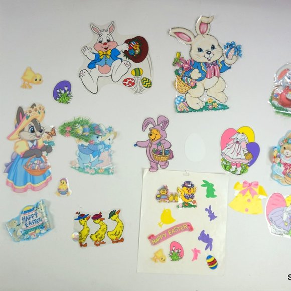 Vintage Easter Theme Window Clings Bunnies Decorations Reusable Lot 25+ - Picture 9 of 9